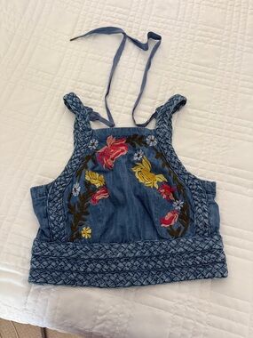 Embroidered Denim Crop Top with Braided Trim